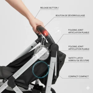 Technical diagram showing the easy-release button and folding joints of a one hand fold stroller with bilingual labels.