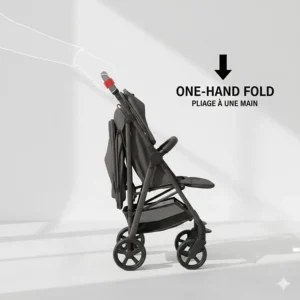 Illustration of the one-hand folding mechanism on a stroller for small car trunks with bilingual EN and FR labels.
