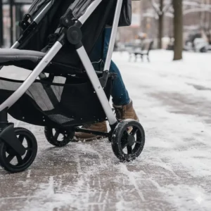 Close-up illustration of a one hand fold stroller with all-terrain wheels navigating light snow on a Canadian sidewalk.