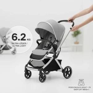 A graphic showing the ultra-low weight of the stroller in kilograms, designed for easy lifting by Canadian parents.