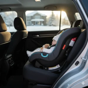 An infant positioned safely in the rear-facing mode of a convertible car seat inside a modern SUV.