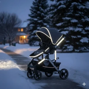 High-visibility reflective strips attached to a stroller frame for safety during dark Canadian winter afternoons.
