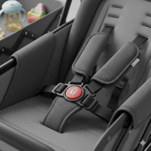 Detailed graphic showing the 5-point safety harness system of a premium stroller wagon for toddlers.