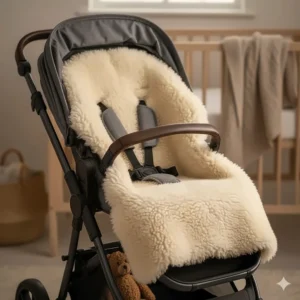 A natural sheepskin stroller seat liner providing extra thermal insulation for toddlers during cold weather outings.