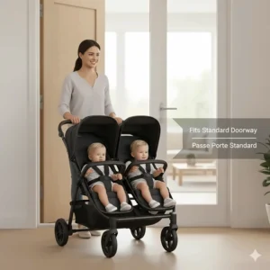 Illustration showing the width of a side-by-side double stroller fitting through a standard doorway.