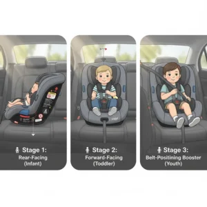 Illustration showing the three stages of 3-in-1 car seats: rear-facing, forward-facing, and belt-positioning booster.
