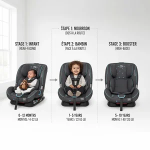 Infographic showing how convertible car seats transition from infant use to toddler booster mode.