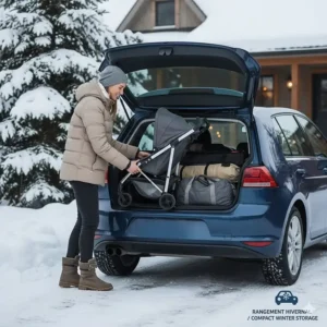 A lightweight stroller folded into the small trunk of a hatchback, demonstrating space-saving storage for winter gear.