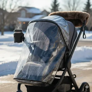 A stroller equipped with a weather shield and insulated cup holder for cold Canadian mornings.