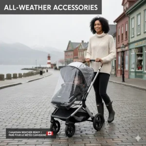 A stroller for tall parents equipped with a heavy-duty rain shield and winter footmuff for unpredictable Atlantic Canada weather.