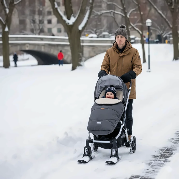 A parent pushing a modern stroller equipped with winter accessories like a bunting bag and hand muff during a snowy walk in a Canadian urban park.
