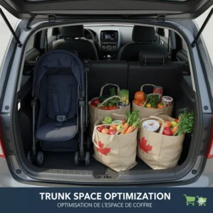 A top-down view of a small car trunk containing both a folded compact stroller and several reusable Canadian grocery bags.
