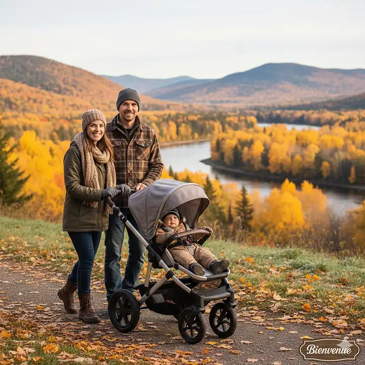 A Canadian family pushing a stylish all-terrain stroller through a scenic park in autumn. stroller buying guide