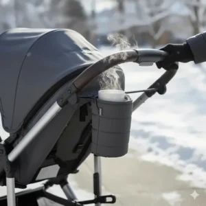 An insulated stroller cup holder carrying a hot coffee, an essential accessory for winter walks in Canada.