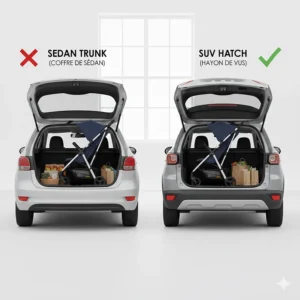 Diagram showing how a travel stroller fits into a small sedan trunk versus a compact SUV hatch.