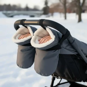 Water-resistant stroller hand muffs attached to the handlebar, allowing parents to push comfortably without heavy gloves.