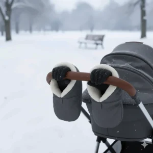 Close-up of fleece-lined stroller mittens or hand muffs attached to the handlebar for parents during a cold Canadian walk.