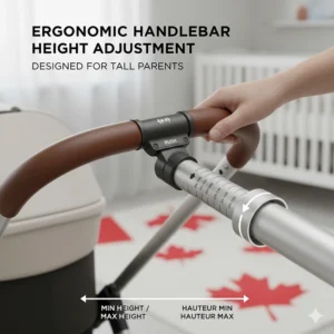 Close-up diagram showing an adjustable telescoping handlebar on a stroller designed for tall Canadian parents.