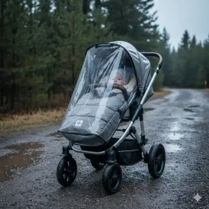 A stroller for gravel paths equipped with a weather shield and "bunting bag" to handle unpredictable Canadian spring weather.