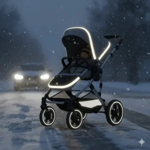 Illustration of a stroller with reflective strips for high visibility during the short, dark winter days in Canada.