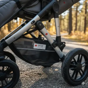 Illustration of a stroller for gravel paths with a "Health Canada / Santé Canada" safety certification seal.
