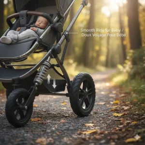 Diagram showing the advanced suspension system of a stroller for gravel paths to ensure a smooth ride for infants.