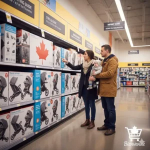A parent looking at stroller boxes in a retail store with bilingual English and French signage.