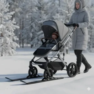 A stroller equipped with winter ski attachments on the front wheels for gliding over thick snow on Canadian hiking trails.