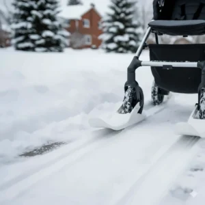 Stroller ski attachments for front wheels to help navigate deep snow and slushy Canadian sidewalks.