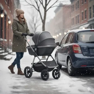 A stroller with sturdy wheels navigating a snowy Canadian sidewalk next to a compact car.