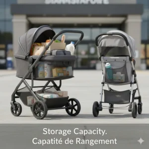 A comparison of the large storage basket capacity of a full-size stroller versus the limited space of a lightweight umbrella stroller.