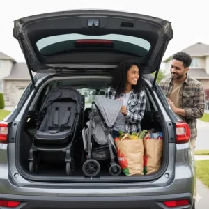 Visual showing a folded full-size stroller vs a lightweight stroller in the trunk of a compact SUV with Canadian grocery bags.