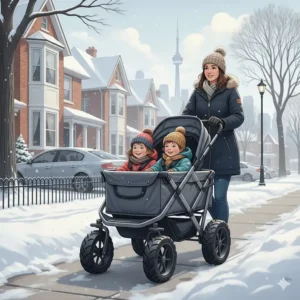 Illustration of a heavy-duty stroller wagon with all-terrain wheels navigating a snowy sidewalk in Toronto.