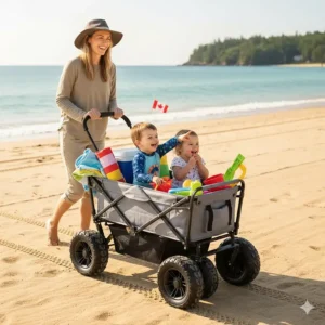 A colorful illustration of a stroller wagon being pulled effortlessly across the sand at a Canadian beach.