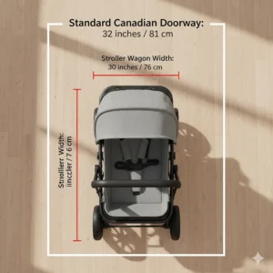 Top-down technical illustration showing stroller wagon dimensions fitting through a standard Canadian doorway.