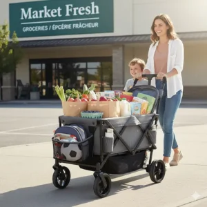 Illustration showing the large storage capacity of a stroller wagon used for groceries and kids' gear.