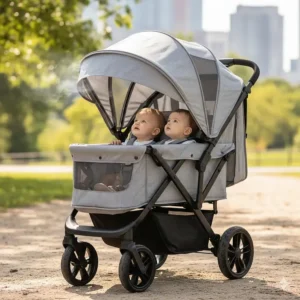 Illustration of a stroller wagon with an adjustable UV-protection canopy and mesh windows for airflow.