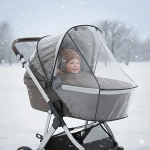 A clear, windproof stroller rain and snow cover (housse de protection) protecting a baby from harsh Canadian winter winds.