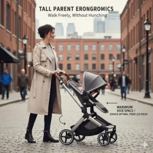 A tall mother using an ergonomic stroller with extra kick space while walking through Toronto’s Distillery District.