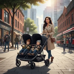 A sleek tandem double stroller being used on a busy Toronto or Vancouver sidewalk.