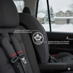 Close-up illustration of the Canadian National Safety Mark (maple leaf symbol) found on the best car seats sold in Canada.