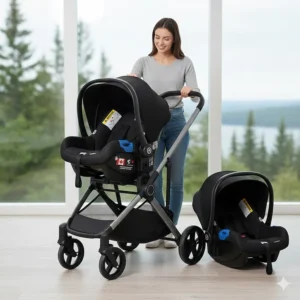 Illustration of a versatile one hand fold stroller travel system with a Canadian-standard car seat in a scenic home setting.