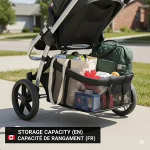 Illustration of a travel system's large storage basket holding a diaper bag and reusable Canadian grocery bags.