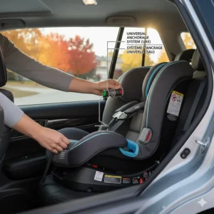 Diagram showing the Universal Anchorage System (UAS) installation for convertible car seats in a car.