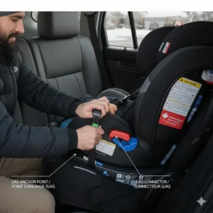 Clear graphic showing the Universal Anchorage System (UAS) installation common in Canadian vehicles.