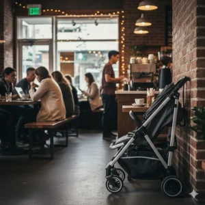 A compact one hand fold stroller standing upright and folded against a brick wall in a busy Canadian coffee shop.