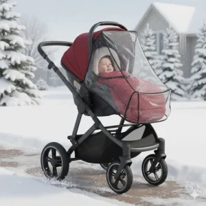 Illustration of a travel system equipped with a cold-weather footmuff and rain cover for Canadian winters.