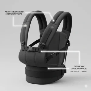 Close-up illustration of adjustable padded shoulder straps and lumbar support on a premium ergonomic baby carrier.