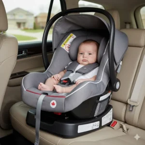 Illustration of an affordable rear-facing infant car seat with a stay-in-car base, optimized for safety and value in the Canadian market.