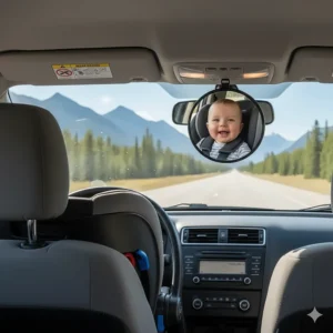 A shatterproof rear-facing baby car seat mirror for monitoring infants during commutes.